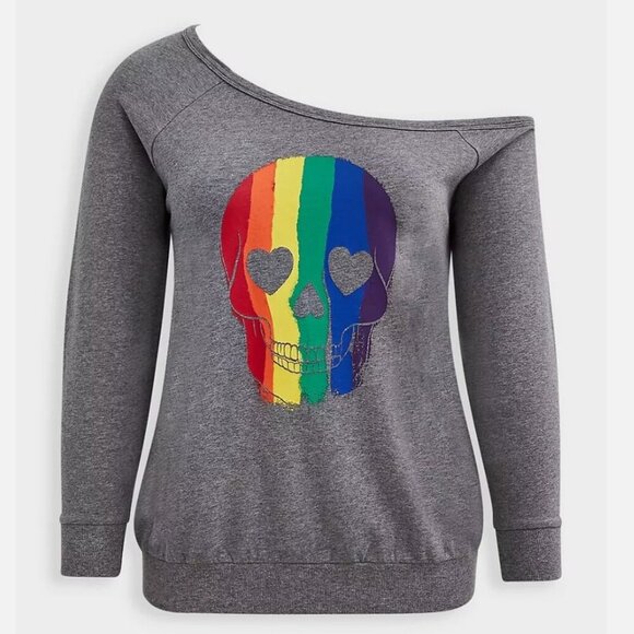 Torrid Celebrate Love Off-Shoulder Sweatshirt - Rainbow Skull Grey - Picture 7 of 9